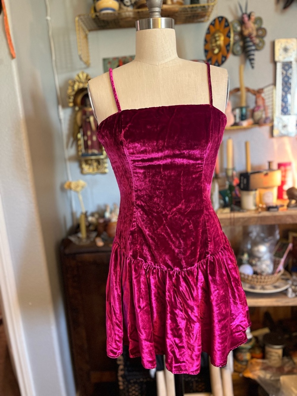 Anthropologie Velvet Spaghetti-Strap Mini Dress in Fuchsia